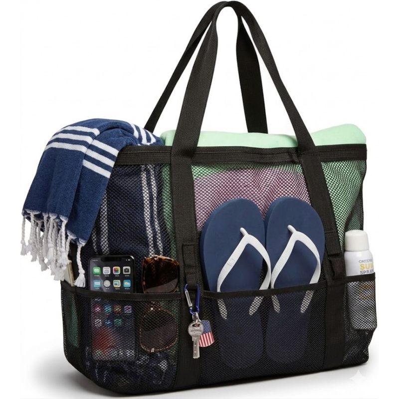 Dry Bag Roll Top - 特大メッシュビーチバッグ 9ポケット付き 速乾性 砂が入らないおもちゃオーガナイザートート プール クルーズ