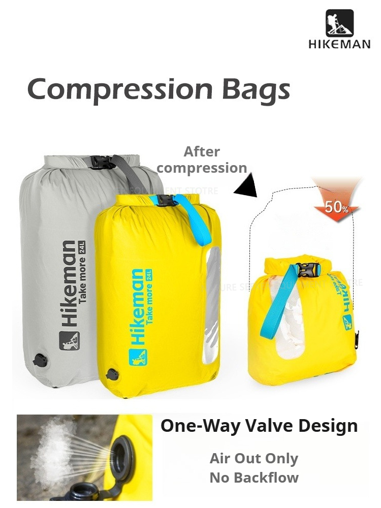 Dry Bag Roll Top - HIKEMAN真空圧縮バッグ（一方向バルブ付き、ポンプ不要）水泳用防水ロールアップドライバッグ（カヤック、釣り、ラフティング用）